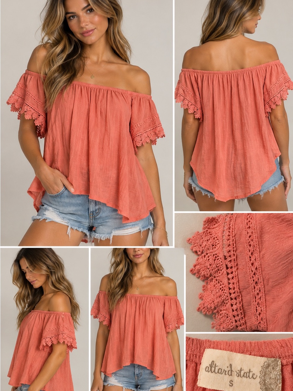 Altar'd State Coral Off-Shoulder Crochet Sleeve Top